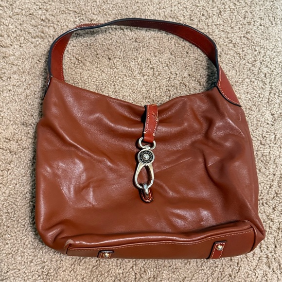 Dooney & Bourke Brown Leather Logo Lock Handbag Hobo Bucket Bag - Picture 1 of 5